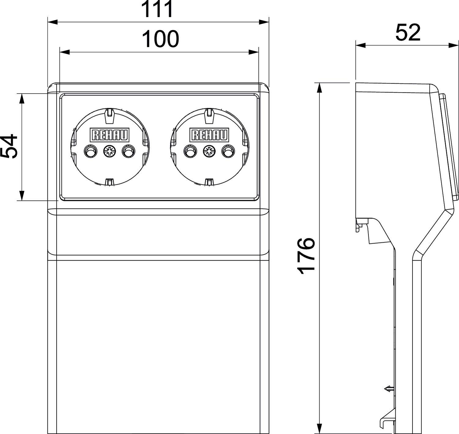 Technische Zeichnung einer Steckdose mit zwei Anschlüssen. Abmessungen: Breite 111 mm, Höhe 176 mm, Tiefe 52 mm.