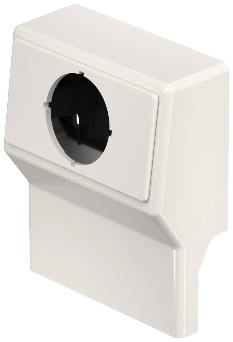 Weiße, rechteckige Abdeckung mit zentralem rundem Ausschnitt, vermutlich für Steckdosen oder Schalter, in einem schlichten Design.