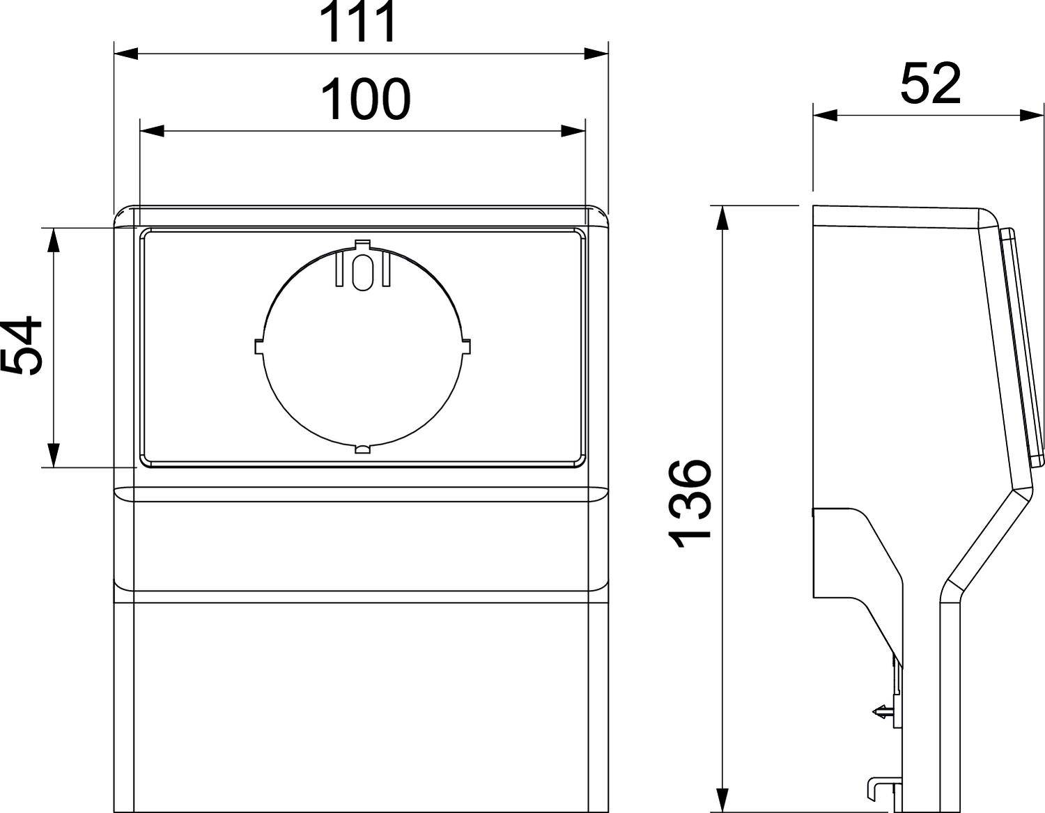 Technische Zeichnung eines rechteckigen Gerätes mit Maßen: Breite 111, Höhe 136, Tiefe 52 mm. Vorderansicht zeigt eine markierte Mitte.