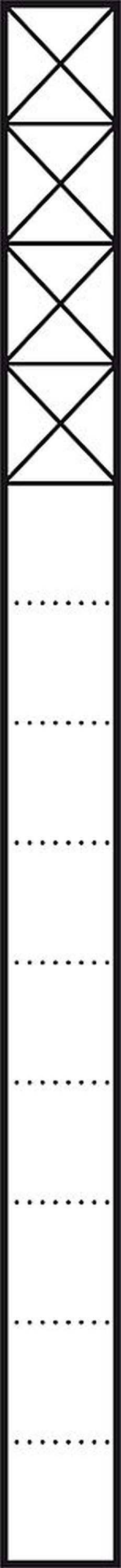 Ein langer, rechteckiger Metallbalken mit diagonalen Streben oben und horizontalen Linien darunter, wie ein Turmsegment gestaltet.