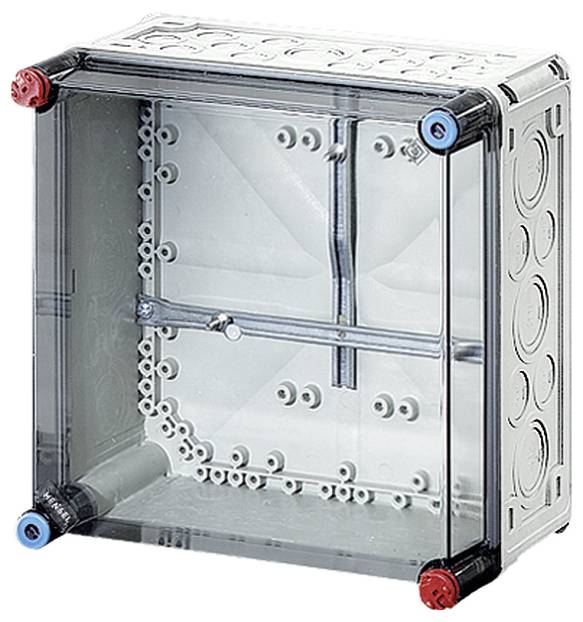 Transparente Kunststoffbox mit runden Öffnungen an den Seiten, geeignet für elektrische Installationen.