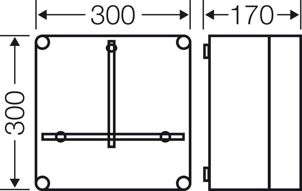Technische Zeichnung eines quadratischen Kastens. Maße: 300x300 mm; Tiefe: 170 mm. Ansicht von vorne und der Seite. Linie in der Mitte.
