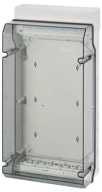 Leerer, transparenter Kunststoff-Verteilerkasten mit mehreren Befestigungspunkten, geeignet für elektrische Installationen.