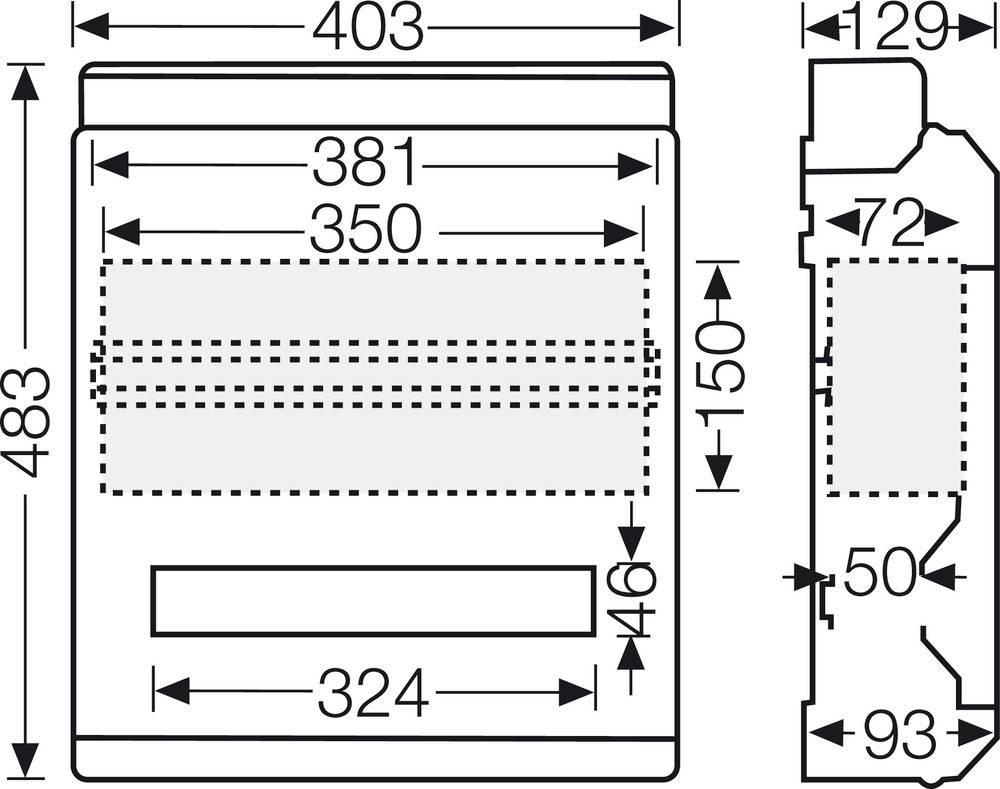 Diagramm eines Geräts mit Maßen: Breite 403 mm, Höhe 483 mm. Enthält Details zu inneren Abmessungen und Platzierungsanweisungen.