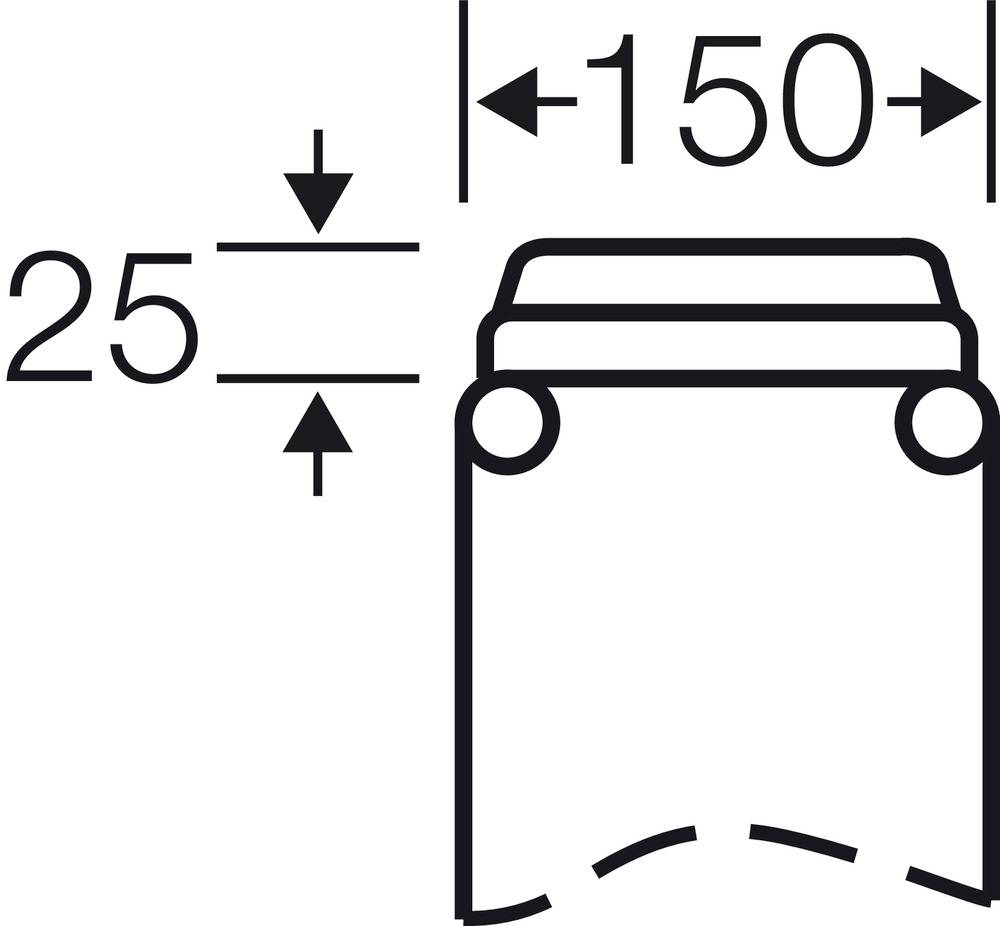 Diagramm zeigt die Querschnittsmaße eines zylindrischen Objekts: Durchmesser 150, Höhe 25.