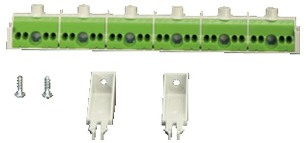 Ein grünes elektrisches Klemmleistenmodul mit sechs Anschlüssen, zwei weißen Montagehalterungen und zwei Schrauben darunter.