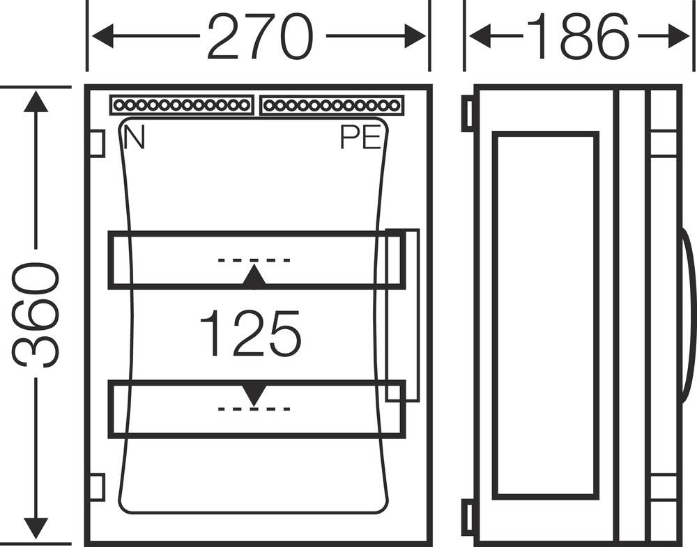 Technische Zeichnung eines rechteckigen Elektroverteilers mit Maßen: 270 mm Breite, 360 mm Höhe, 186 mm Tiefe. Enthält Anschlussmarkierungen 'N' und 'PE'.