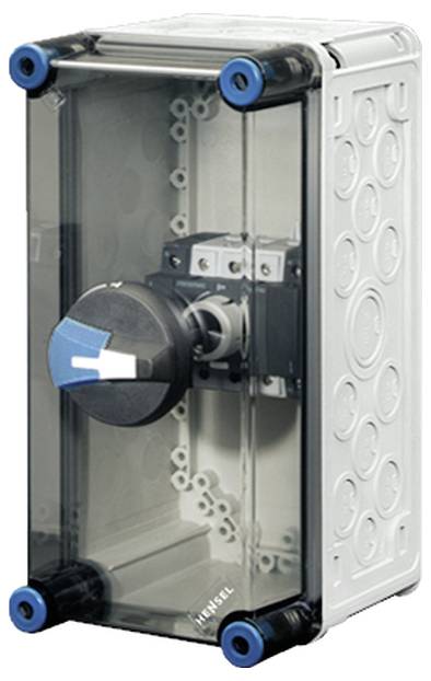 Ein transparenter elektrischer Schaltkasten mit einem blauen und schwarzen Drehschalter vorne.