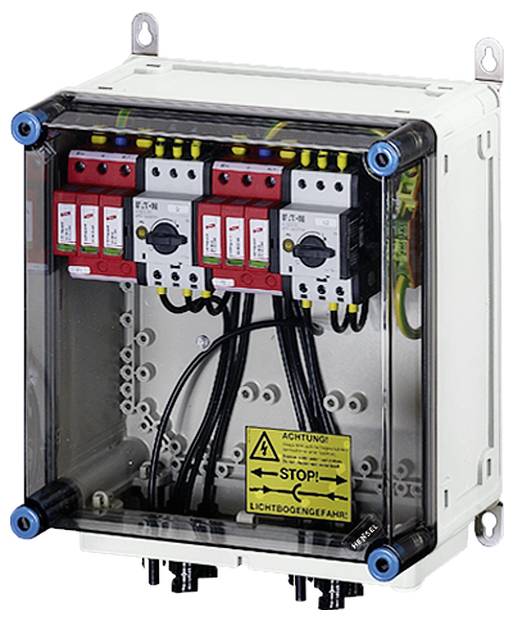 Transparenter Schaltkasten mit roten Schaltern und schwarzen Kabeln. Warnhinweis: 'ACHTUNG! STOP! LEBENSGEFAHR!' auf gelbem Schild.