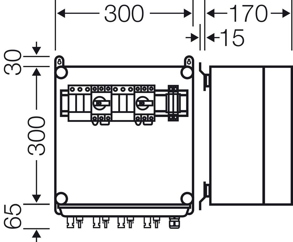 Schaltplan eines elektrischen Verteilers mit Abmessungen. Die Box ist 300 mm breit und 300 mm hoch, mit detaillierten Anschlussanzeigen.