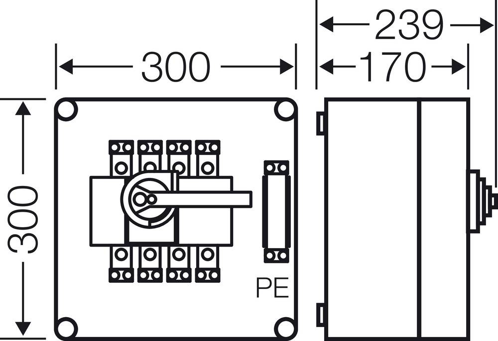 Schaltplan einer Rechteckbox mit Schalter in der Mitte und Anschlussklemmen. Abmessungen: 300 x 300 x 239 mm.