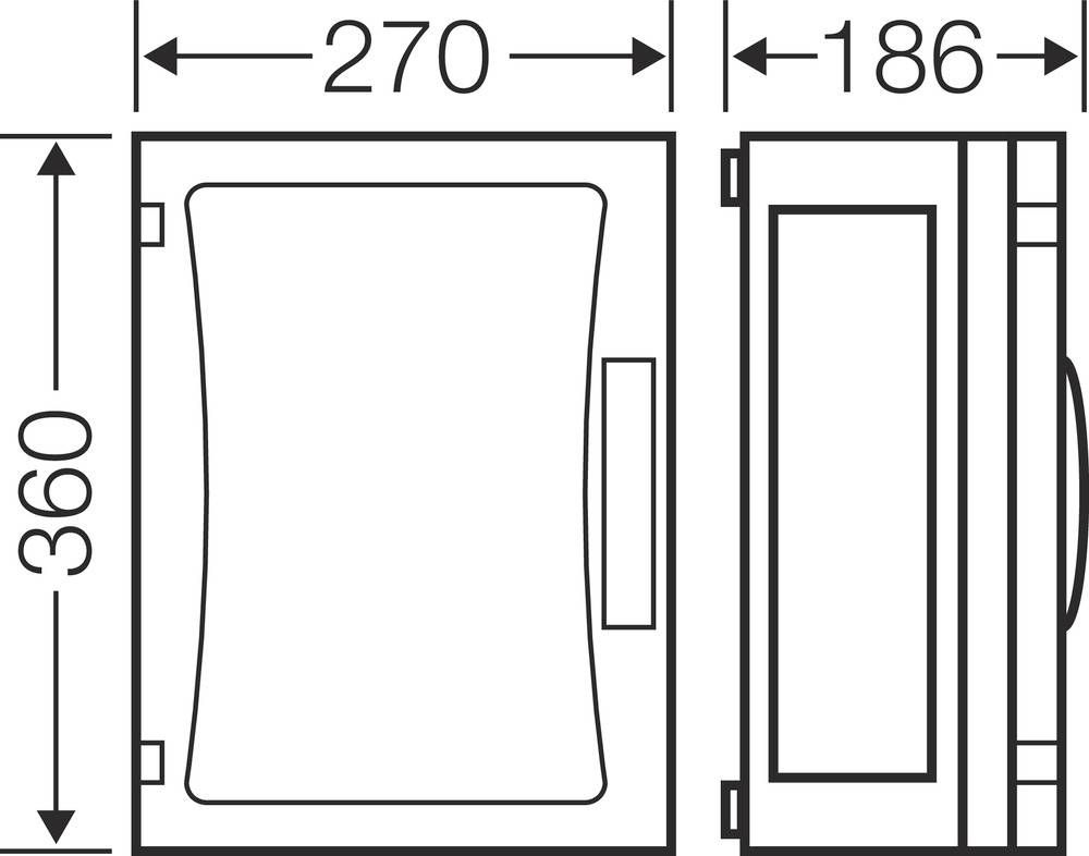 Diagramm eines Geräts zeigt Front- und Seitenansicht mit Abmessungen: Breite 270 mm, Höhe 360 mm, Tiefe 186 mm.