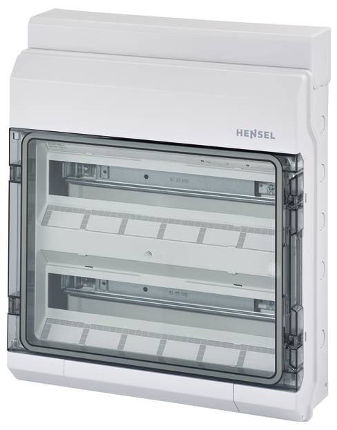 Elektrischer Verteilerkasten mit transparentem Deckel, Marke 'Hensel', zeigt leere Moduleinschübe. Geeignet für Installationszwecke.