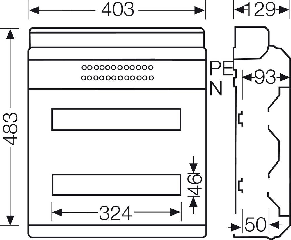 Skizze eines elektrischen Geräts mit den Maßen 403 mm Breite, 483 mm Höhe und 129 mm Tiefe. Zeigt Anschlüsse mit Bezeichnung PE und N.
