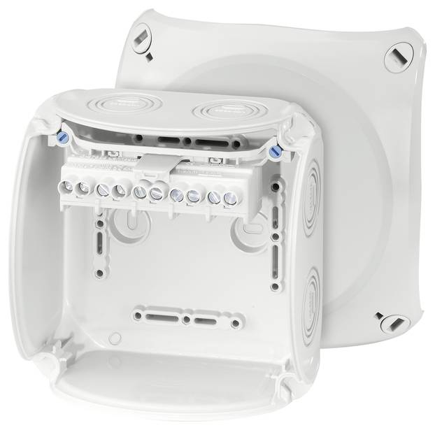 Ein weißer, offener Verteilerkasten mit mehreren Anschlussklemmen ist zu sehen. Er eignet sich zur Installation von elektrischen Verbindungen.