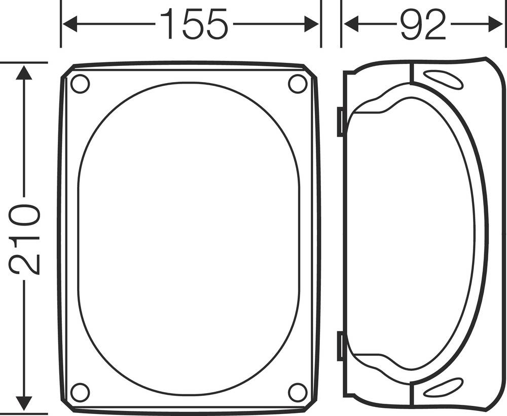 Technische Zeichnung eines quadratischen Gehäuses mit den Maßen: Höhe 210 mm, Breite 155 mm, Tiefe 92 mm.