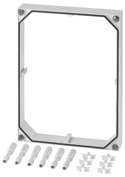 Rechteckiger Kunststoffrahmen mit mehreren kleineren Kunststoffteilen und Steckverbindungen, wahrscheinlich ein Montagezubehörset.