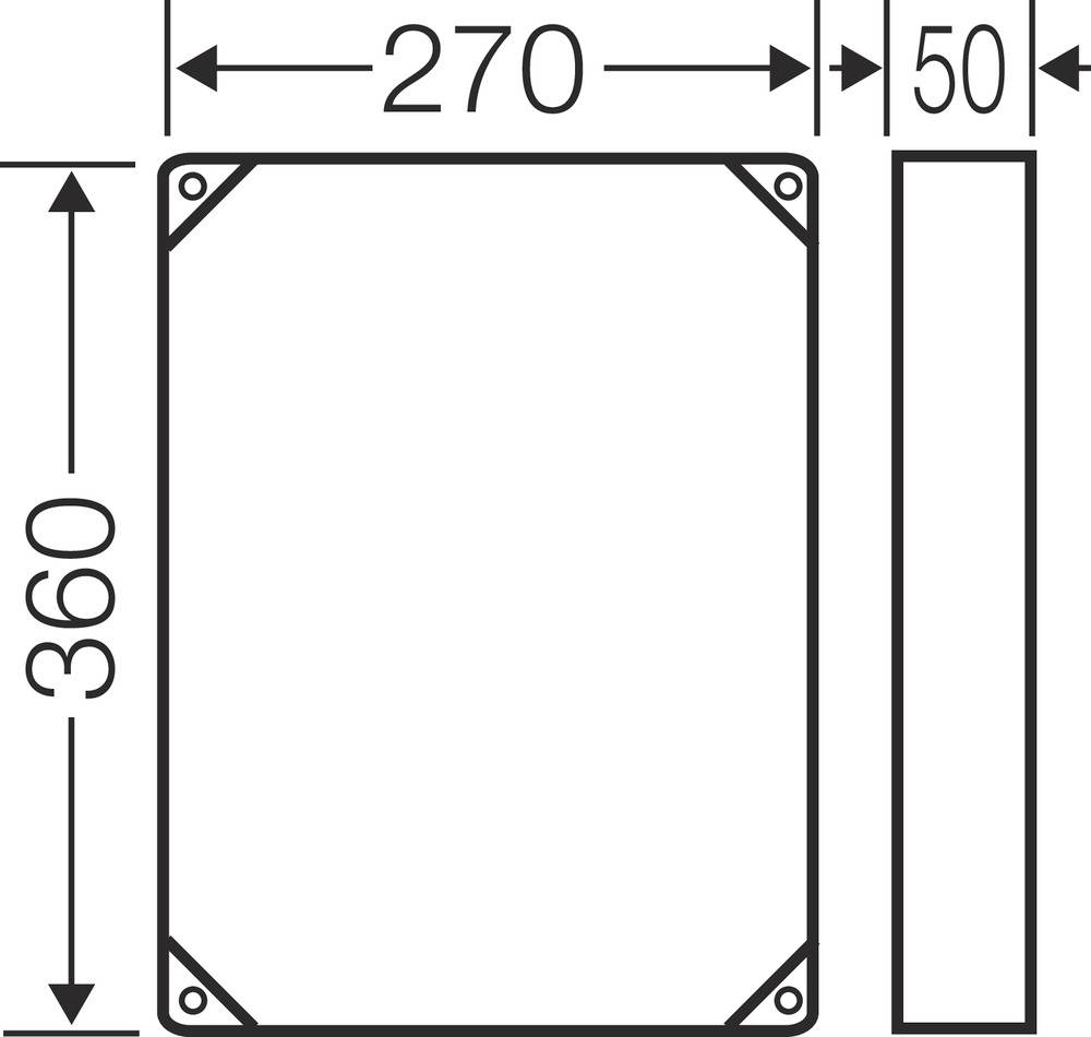 Technische Zeichnung eines rechteckigen Objekts mit Abmessungen: 360 mm Höhe, 270 mm Breite, 50 mm Tiefe.