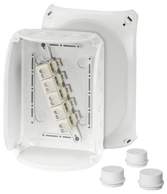Weiße, offene Abzweigdose mit fünf Schraubklemmen, geeignet für elektrische Installationen. Zwei lose Verschlusskappen sind vorne sichtbar.