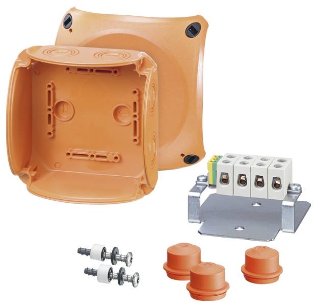 Elektrische Anschlussdose aus orangem Kunststoff, mit abnehmbarem Deckel und vier separaten Kabelanschlüssen. Enthält zusätzliche Abdeckungen und Anschlusselemente.