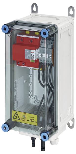 Kunststoffgehäuse mit transparenter Abdeckung, enthält elektrische Komponenten und Kabel. Gelbes Warnsymbol für Hochspannung außen.