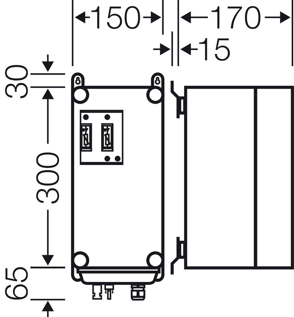 Technische Zeichnung eines rechteckigen Geräts mit Maßen: Höhe 300 mm, Breite 150 mm und zusätzliche Markierungen bei 170 mm und 15 mm.
