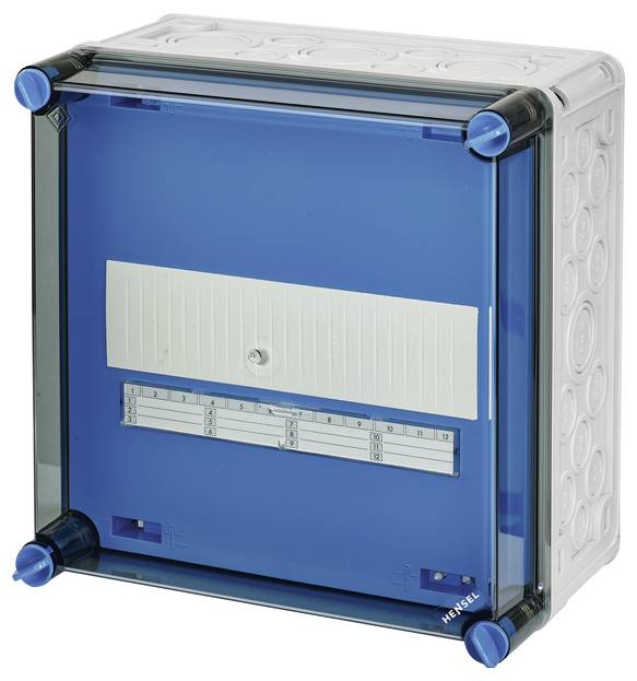 Blauer Sicherungskasten mit transparentem Deckel und montierbaren Schienen an der Innenseite.
