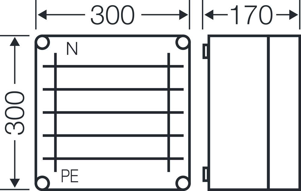 Zeichnung zeigt ein rechteckiges elektrisches Anschlussfeld mit den Maßen 300x300mm, Anschlüsse für N und PE, und eine Seitenansicht.