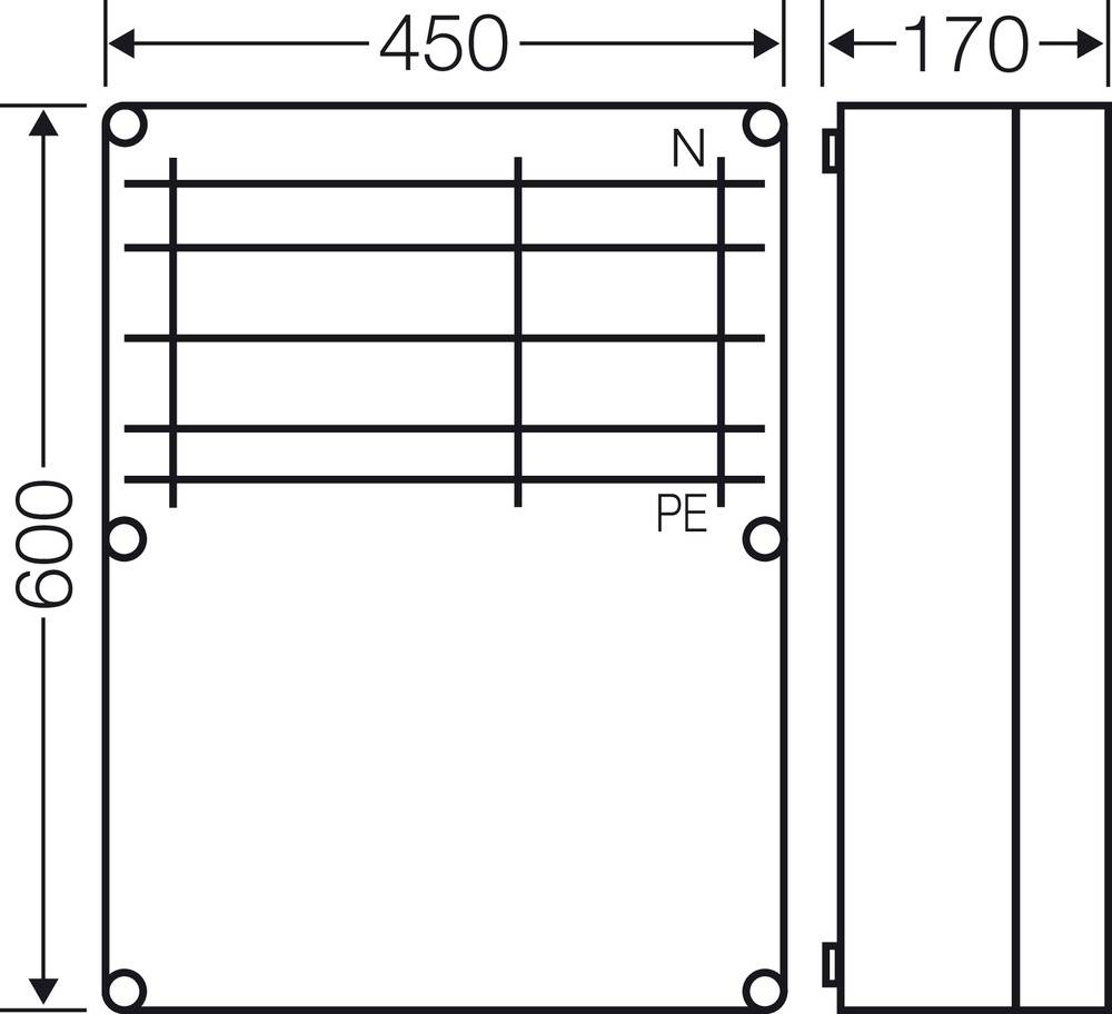 Technische Zeichnung eines rechteckigen Elektrogehäuses mit den Maßen 450 mm Breite, 600 mm Länge und 170 mm Tiefe, sowie Markierung für N und PE.