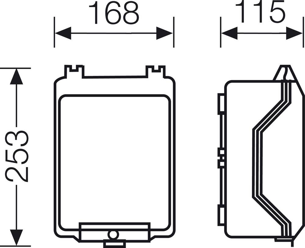 Technische Zeichnung eines rechteckigen Geräts mit Maßen: Höhe 253 mm, Breite 168 mm, Tiefe 115 mm.