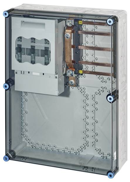 Elektrischer Sicherungskasten mit durchsichtiger Abdeckung, zeigt interne Verdrahtung und Schutzschalter.