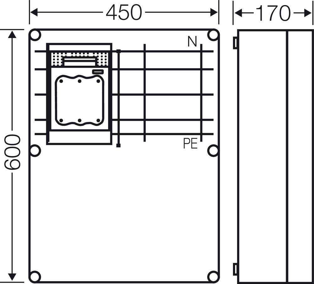 Technische Zeichnung eines rechteckigen Gehäuses, Maße 450 mm x 170 mm x 600 mm, mit markierten Positionen für Neutralleiter (N) und Erdung (PE).