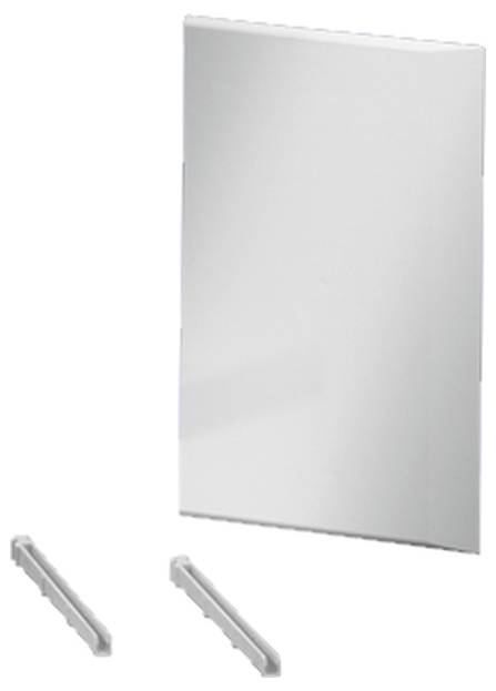 Ein rechteckiger Spiegel mit glatter weißer Oberfläche und zwei weißen Befestigungsschienen darunter.