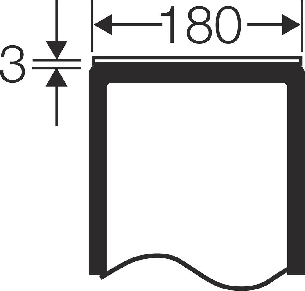 Eine technische Zeichnung zeigt ein rechteckiges Bauteil mit den Abmessungen 180 mm Breite und 3 mm Tiefe auf der linken Seite.
