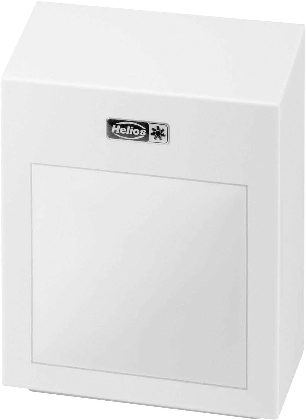 Weiße Lüftungsbox mit Helios-Logo, rechteckige Form. Hauptsächlich für lufttechnische Anwendungen und Ventilation geeignet.