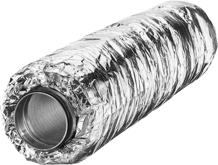 Ein isolierter flexibler Lüftungsschlauch aus Aluminium, aufgerollt, für Heizungs-, Lüftungs- oder Klimaanlagenanwendungen.