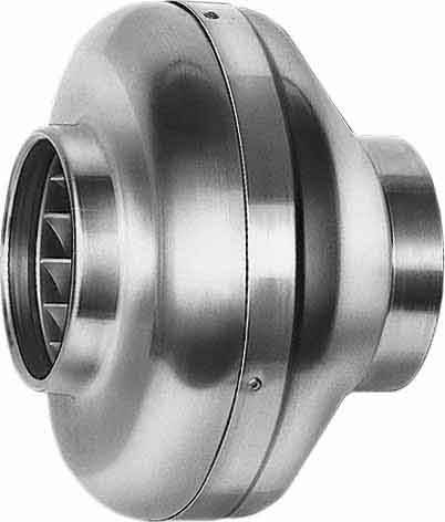 Lüftungsventilator aus Metall, rundes Gehäuse, seitliche Ansicht, zeigt Propellerflügel innen. Geeignet für industrielle Belüftung.