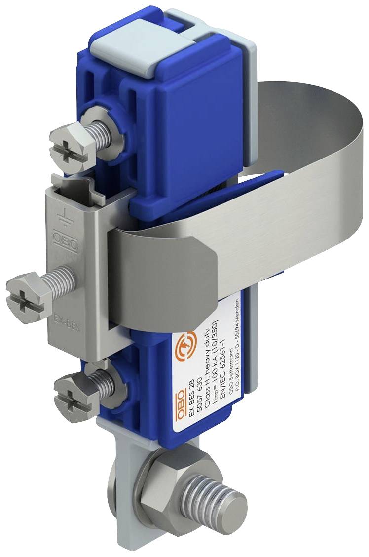 Industrieschelle mit blauer Kunststoffhülle und Metallelementen. Dient zur Befestigung und Isolierung von Bauteilen in elektrischen Anwendungen.
