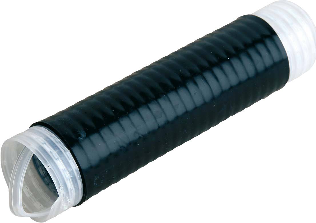 Ein schwarzer, gerippter Gummischlauch mit durchsichtigen Kunststoffkappen an beiden Enden.