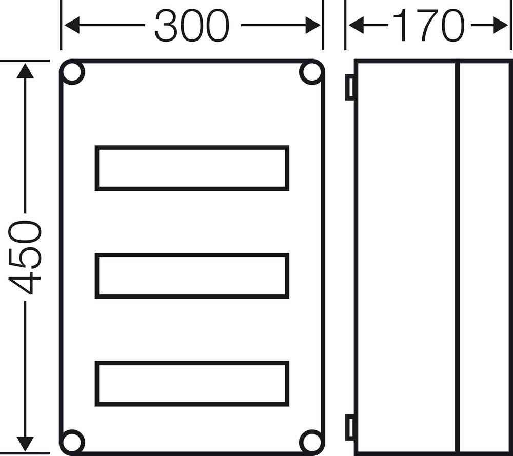 Technische Zeichnung eines rechteckigen Kastens mit drei horizontalen Schlitzen. Die Abmessungen betragen 300 mm Breite und 450 mm Höhe.