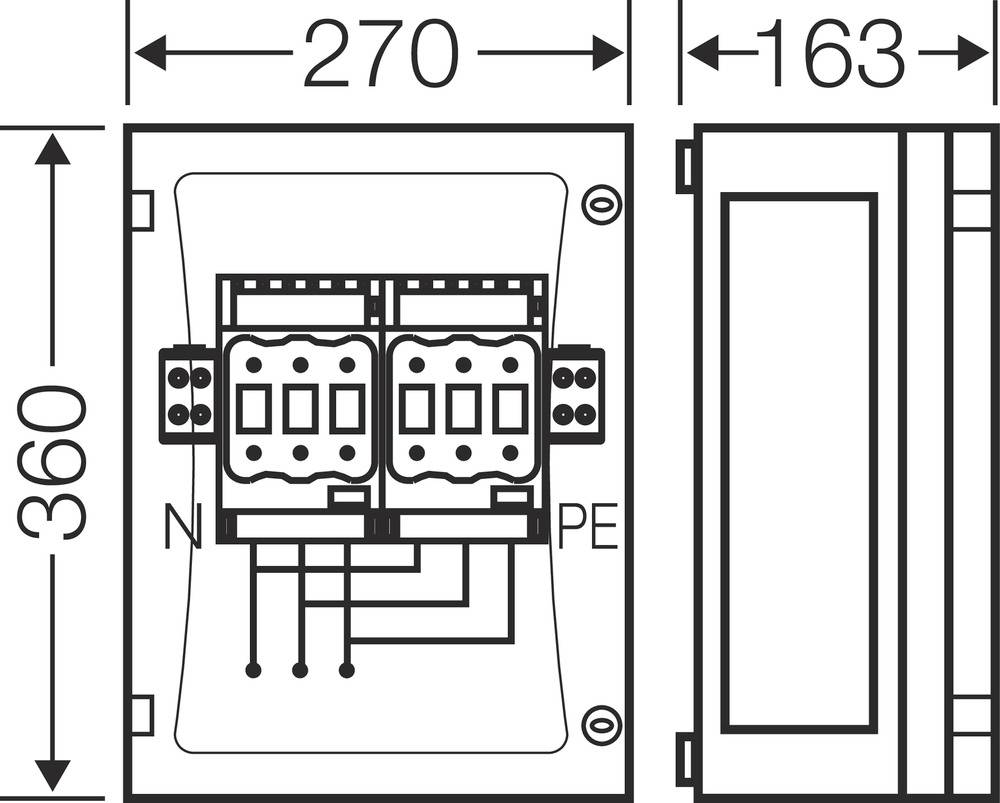 Technische Zeichnung eines elektrischen Anschlusskastens mit den Maßen 360 mm x 270 mm x 163 mm. Zeigt die Anschlussklemmen N und PE.