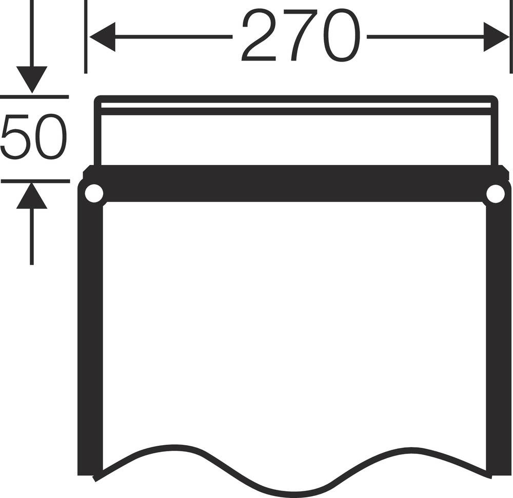 Technische Zeichnung eines Bauteils mit den Maßen: Breite 270 mm, Höhe 50 mm. Die Form zeigt eine rechteckige Struktur mit glattem Rand.