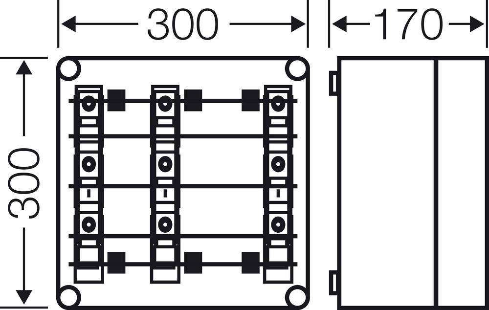 Technische Zeichnung eines rechteckigen Geräts mit den Maßen 300 mm x 300 mm x 170 mm, Draufsicht und Seitenansicht.