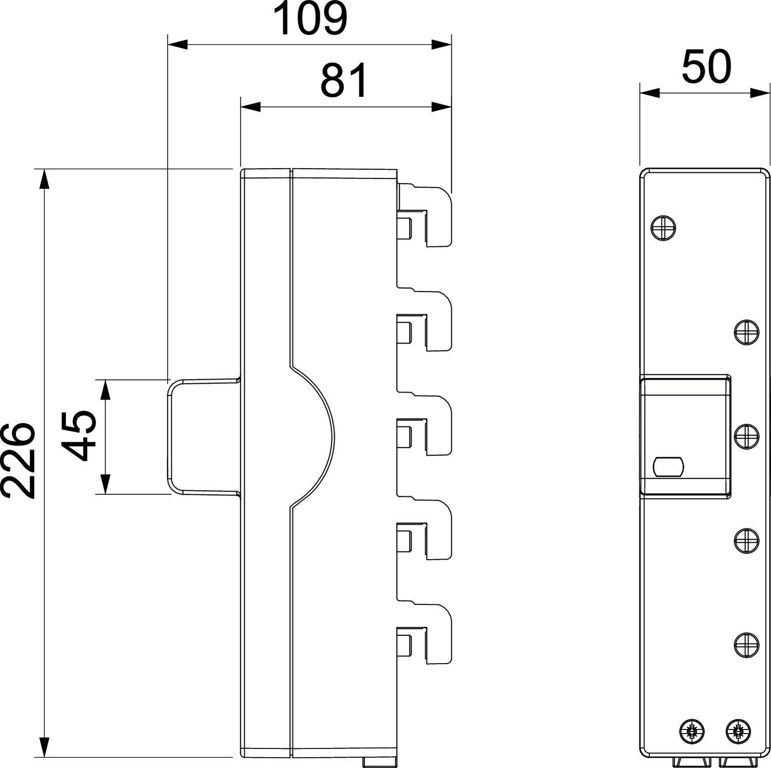 Technische Zeichnung eines Schlosses im Seiten- und Frontalansicht. Maße: Höhe 226 mm, Breite 50 mm, Tiefe 109 mm, Griff bei 45 mm.