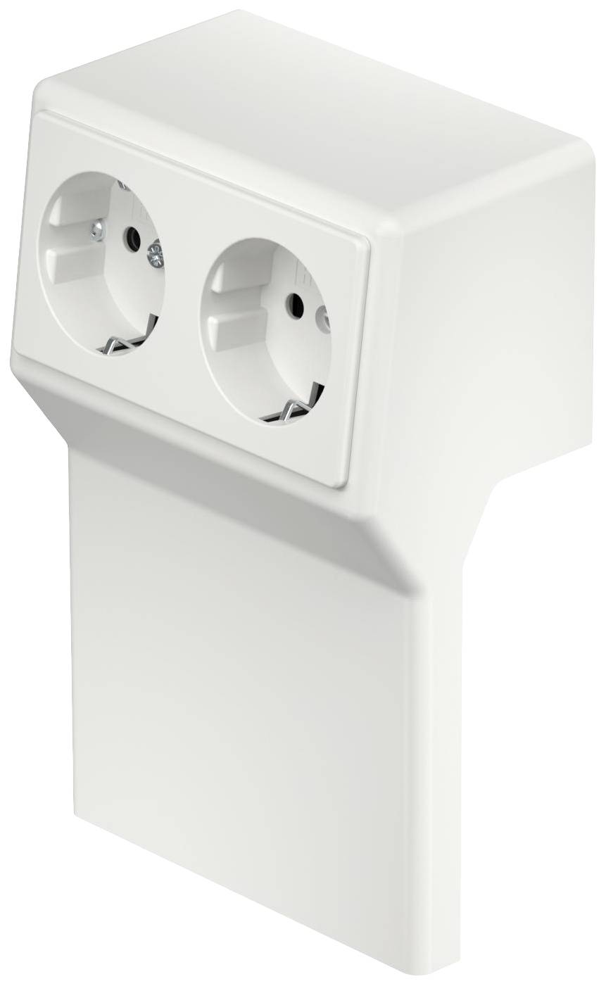 Doppelsteckdose mit weißem Gehäuse, geeignet für Wandmontage.