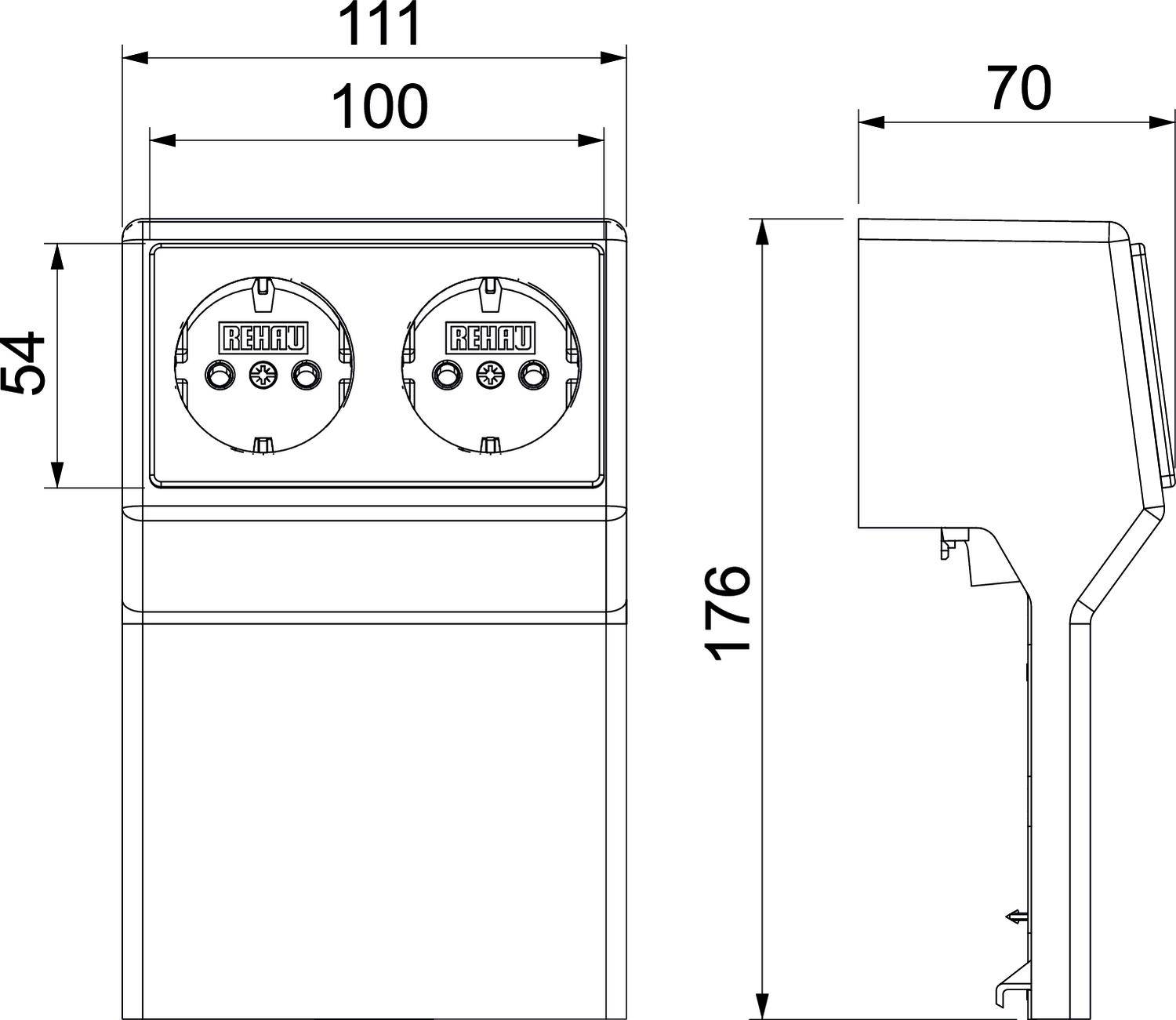 Technische Zeichnung einer doppelten Steckdose mit Abmessungen: Breite 111 mm, Höhe 176 mm, Tiefe 70 mm.