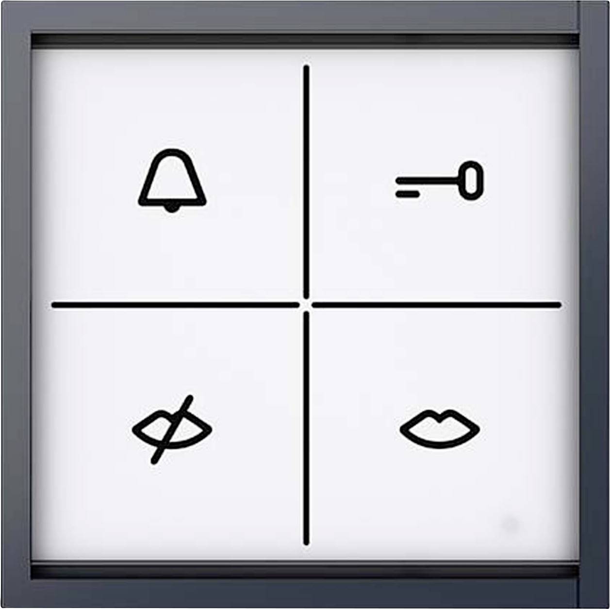 Vier Symbole in einem Quadrat: Glocke, Schlüssel, durchgestrichenes Auge und Lippen. Jedes Symbol repräsentiert eine Funktion.