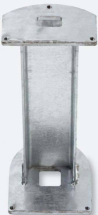 Metallene Halterung mit rechteckiger Stützsäule und rechteckigem Loch in der Basis, geeignet zur Befestigung auf ebener Fläche.