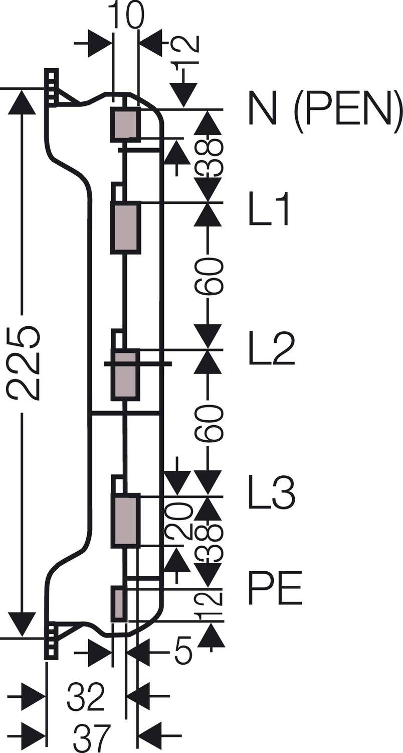 Schaltplan eines elektrischen Verteilers mit Bezeichnungen: N (PEN), L1, L2, L3, PE. Maße: Höhe 225, Breite 42 mm.