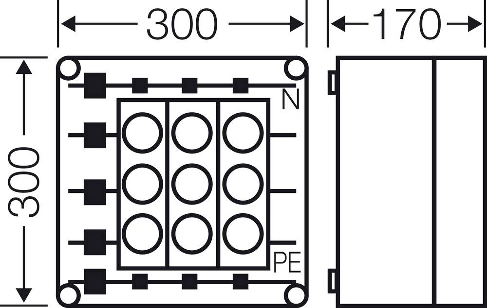 Technische Zeichnung einer rechteckigen Anschlussbox mit Abmessungen 300x170 mm, zeigt die Anordnung der Anschlussklemmen N und PE.